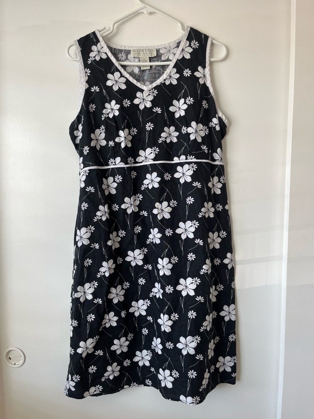 Black & White Floral Sleeveless Dress by Norton McNaughton, 100% Linen